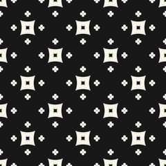 Simple monochrome vector geometric seamless pattern with small flowers, squares