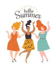 Hello Summer. Vector illustration of three diverse dancing happy cartoon women in dresses. Isolated on white