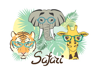 Vector Safari illustration with animals - elephant, tiger, giraffe.