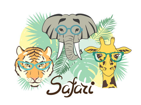 Vector Safari illustration with animals - elephant, tiger, giraffe.
