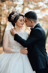 Couple in wedding attire standing against the backdrop of the garden at sunset, the bride and groom. Couple newlyweds bride and groom. Lovely couple spends time. Autumn wedding