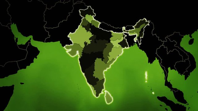 World map with India administrative divisions, airports and highways.  Green.