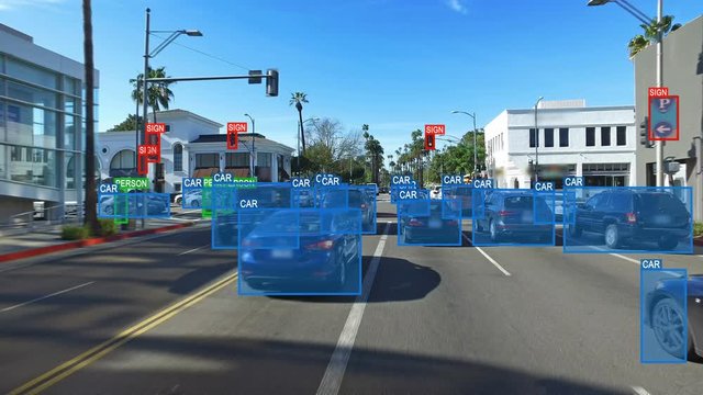 Autonomous or driverless car computer vision. Object detection system creates boxes to recognize objects in the streets. Artificial intelligence technology. Futuristic. More options in my portfolio.