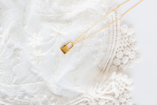 Gold Lock Necklace On Lace