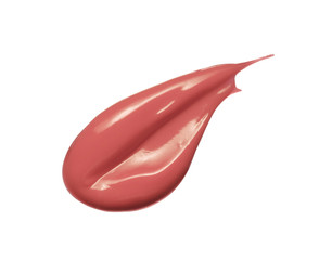Liquid lipstick swatch smear smudge isolated on white background. Shiny nude color lip gloss stroke swipe. Makeup texture sample