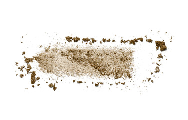 Bronze shimmer eye shadow swatch. Brown eyeshadow, face powder texture. Nude color makeup smear smudge isolated on white background