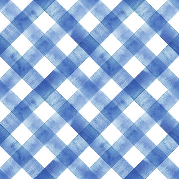 Watercolor diagonal stripe plaid seamless pattern. Indigo blue stripes on white background