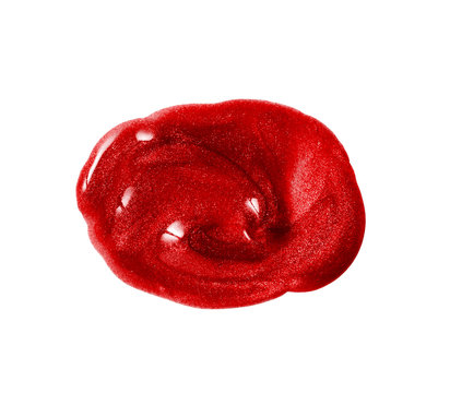 Glitter Gel Nail Polish Swatch Isolated On White Background. Red Color Liquid Shiny Metallic Makeup Product Texture