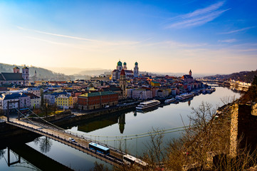 Passau skyline during twilight blue hour, Bavaria, Germany.