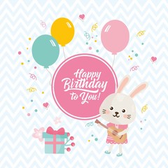 Happy Birthday card with balloons, cute bunny, gift and confetti. Great design for baby holiday, invitation and banner.
