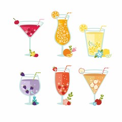 Set of variety alcohol cocktail by glasses. Summer ice fruit drinks with lemon, apples, blackberry, cherry, orange and strawberry. Simple and flat style.