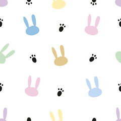 Cute bunny or rabbit and colorful easter pattern with bunny foot prints. Happy Easter background, advertisement, fabric design seamless pattern vector illustration