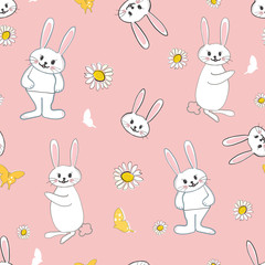 Cute bunny, rabbit and daisy and butterfly easter pattern. Happy easter greeting card, advertisement, fabric design seamless pattern vector illustration
