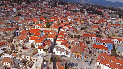 aerial view from a drone from a height view of the village of Lefkara with red roofs of a house in Cyprus Ayia Napa