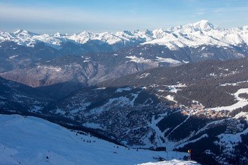 Courchevel view Mont Blanc massif background sunset with snowy mountain landscape France alpes 