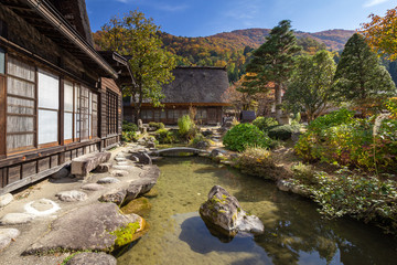 Fototapeta na wymiar Historic Village of Ogimachi in Shirakawa-gō, UNESCO World Heritage Site, a small, traditional village showcasing a building style known as gasshō-zukuri. Japan.