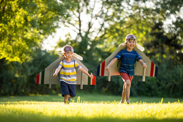 Little boys in costume playing on meadow