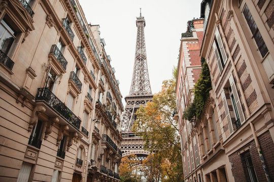 View of Eiffel Tower and old buildings of Paris from street of France in fall