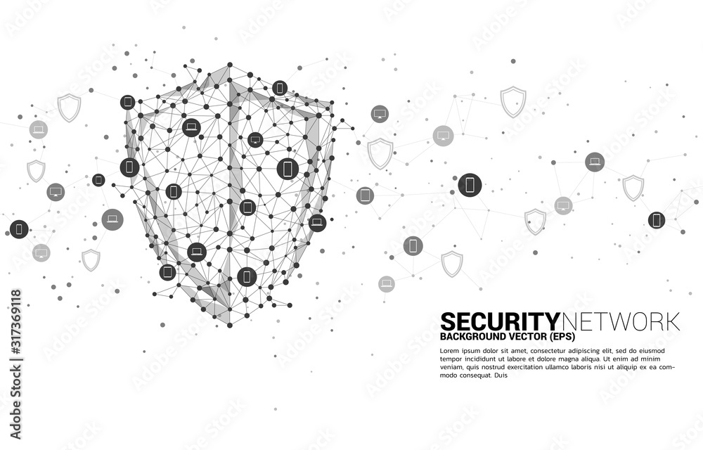 Poster Protection shield icon from dot connect line polygon network and mobile phone and IT device. concept of guard security and safety