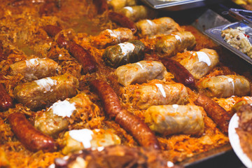 Variety assortment of different traditional Hungarian street food at one of the stalls in the streets of Budapest, Hungary , spring and Easter Market