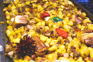 Variety assortment of different traditional Hungarian street food at one of the stalls in the streets of Budapest, Hungary , spring and Easter Market