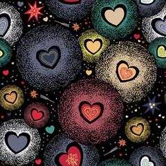 Festive hearts firework background seamless of various colors. Pattern for holiday design.