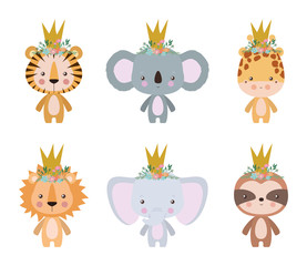 Obraz premium Cute tiger koala giraffe lion elephant and sloth cartoon vector design