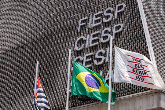 Sao Paulo, Brazil -  december 29 2019 - Logo of fiesp, ciesp, sesi, senai on facade of building of this organization in Avenue Paulista 