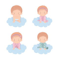 Set of cute babies over clouds vector design
