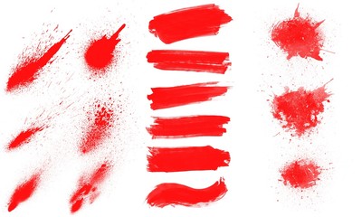 Red paint brush strokes, splashes and blots. Set of red paint brushes