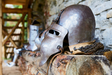Historical knight's helmet close up. Knight's clothing. Knight armour.