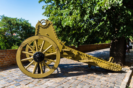 Old Gun Carriage With Wood Wheels No Gun Or Cannon.