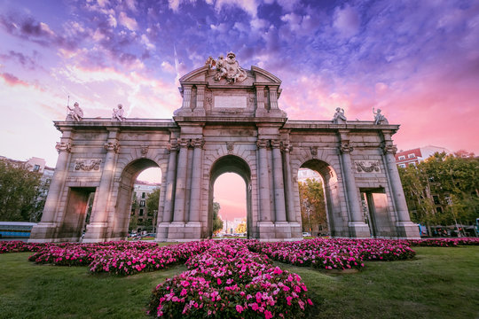 The Alcala Door (Puerta De Alcala). Landmark Of Madrid, Spain At Sunset