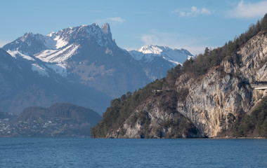 Lake Thun near the town of Spietz, Interlaken, Switzerland, photographed on a clear day whilst on a boat tour of the lake in mid winter.