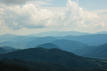 Obraz na płótnie Canvas View from Tarnica peak, mountain ranges in blue, Bieszczady Mountains Poland
