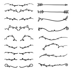 set of Flower ornament dividers. Hand drawn vines decoration, floral ornamental divider and sketch leaves ornaments. Ink flourish and arrow decorations dividers victorian doodles isolated background