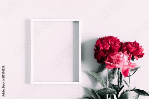 Beautiful flowers composition. Blank frame for text, pink and white peonies flowers on white background. Valentines Day, Easter, Birthday, Mother's day. Flat lay, top view, copy space