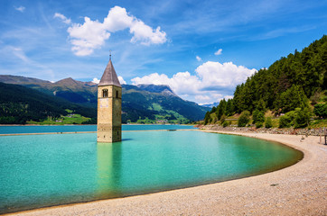 Church in the lake Reschen bell tower, South Tyrol, Italy