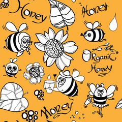 Seamless bee pattern with black lines on yellow background.