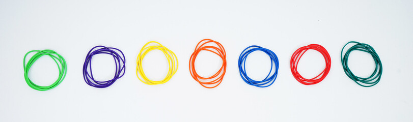 The collection of Elastic bands on a white background