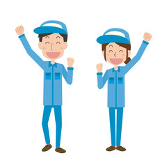 男女　作業服　ガッツポーズ　嬉しい　楽しい　喜ぶ