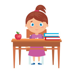 student girl sitting in school desk on white background