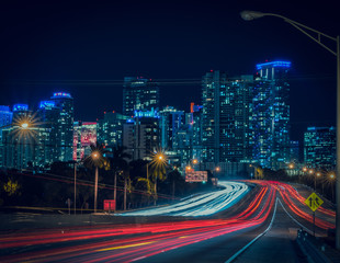 night city circulation highway lighting highway skyline urban street buildings auto downtwon architecture dusk prints blue skyscraper miami