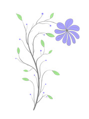 Violet flower on a stem with green leaves on a white background