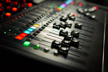 Recording studio equipment. Professional audio mixing console.