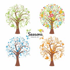 Seasons - magic set with amazing trees, typography, leaves, flowers and berries. Winter, summer, spring, autumn.