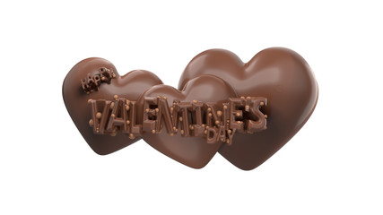 Happy Valentine's Day lettering with three hearts behind made of dark sweet chocolate or caramel. 3d illustration isolated on white background