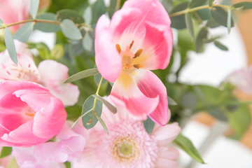 Obraz na płótnie Canvas ピンクの花　アップ　クローズアップ　ピンク系の花とグリーン　素材　室内　屋内　自然光　ホワイトスペース　コピースペース　文字スペース　横　背景素材　背景　グラフィック素材　　白　緑　ピンク　春　季節　スイートピー