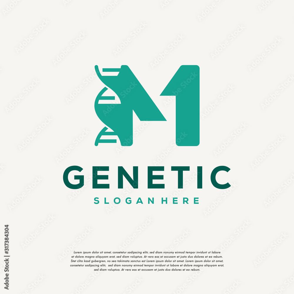 Wall mural dna helix letter m logo designs, genetics vector design, chromosome initial logo template