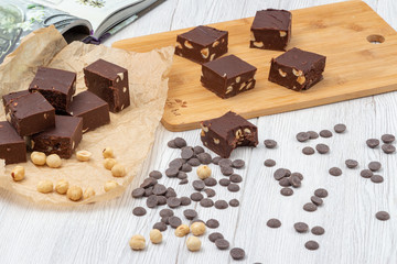Delicious fudge with homemade chocolate and nuts